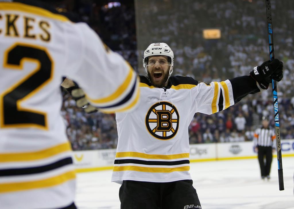 Boston Bruins' David Krejci, of the Czech Republic, celebrates a goal against the Columbus Blue Jackets during the third period of Game 6 of an NHL hockey second-round playoff series Monday, May 6, 2019, in Columbus, Ohio. (AP Photo/Jay LaPrete).