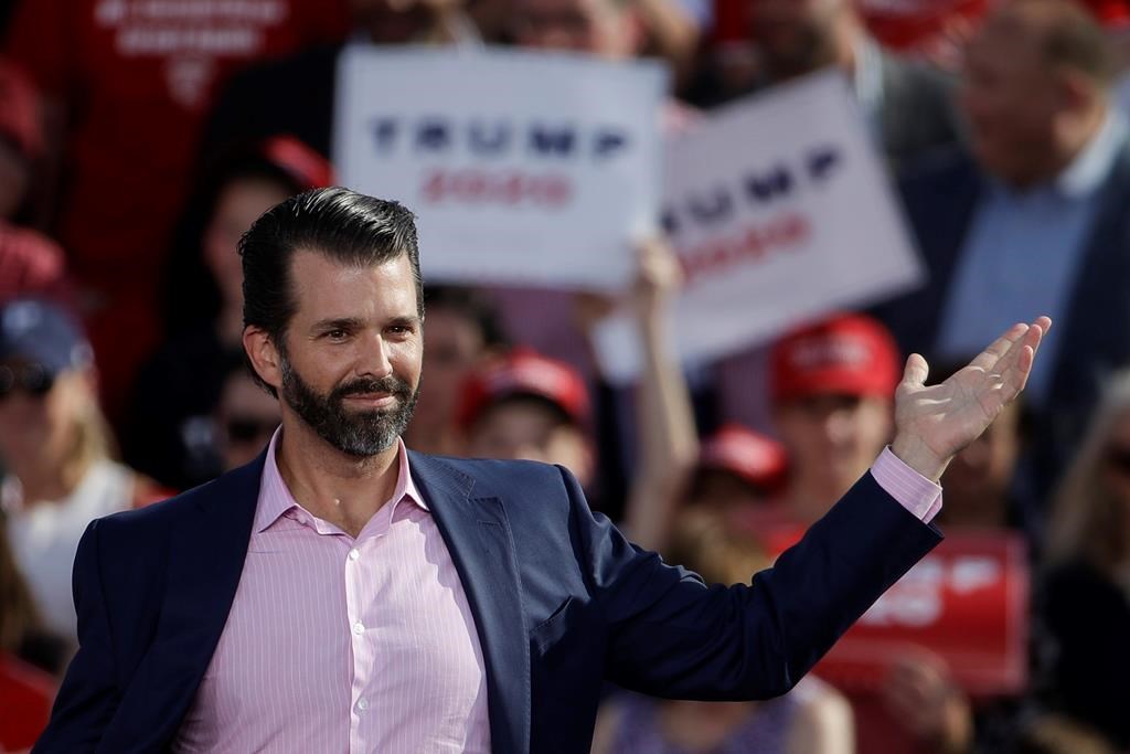 Donald Trump Jr., gestures at a rally for his father, President Donald Trump, in Montoursville, Pa., May 20, 2019.