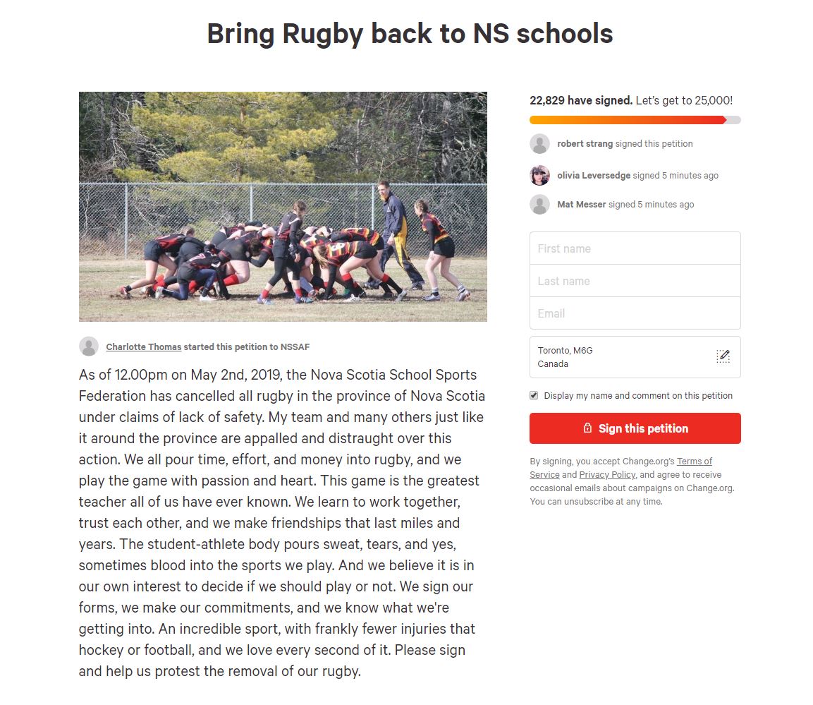Charlotte Thomas’s petition to reinstate high school rugby in Nova Scotia has been signed by over 22,000 people.