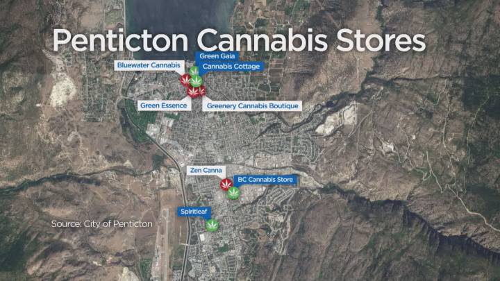 The green icons show the city-endorsed locations of non-medical retail cannabis stores in Penticton, B.C. while the red icons show the applications recommended for rejection.