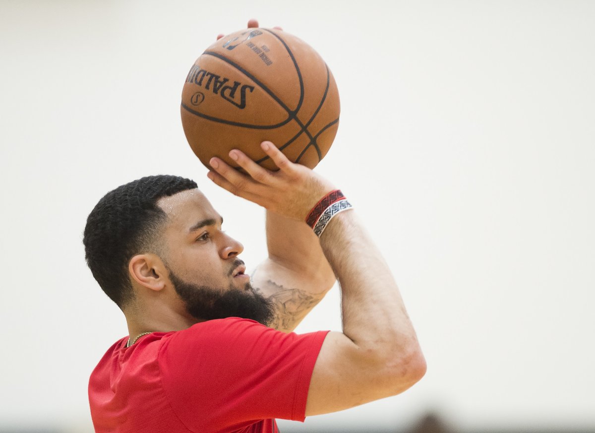 Toronto Raptors guard Fred VanVleet shoots the ball during practice ahead of the Eastern Conference NBA playoff basketball finals against the Milwaukee Bucks in Toronto on Tuesday, May 14, 2019.