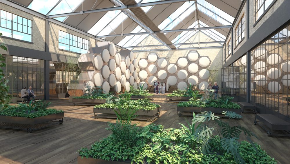 This artist’s rendering shows a proposed Recompose facility for turning human bodies into compost.