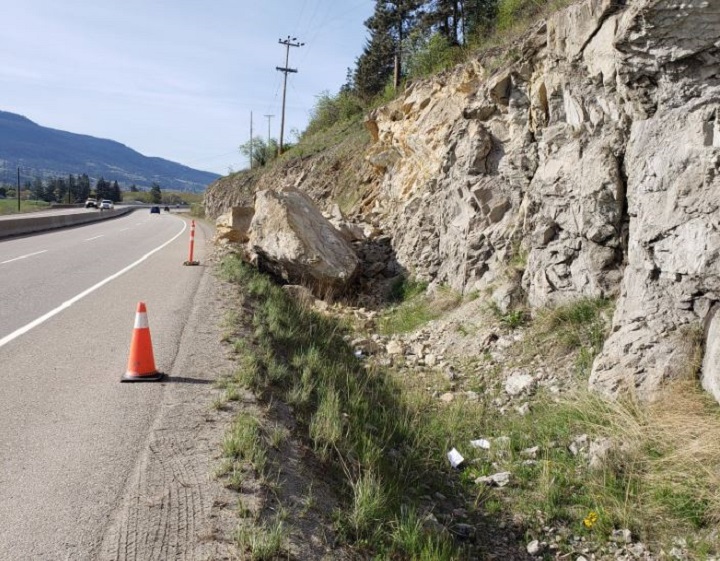 Part of a small rock outcrop along Highway 97 between Lake Country and Vernon has broken away. AIM Roads says it’s working with the Ministry of Transportation on when the debris will be removed.