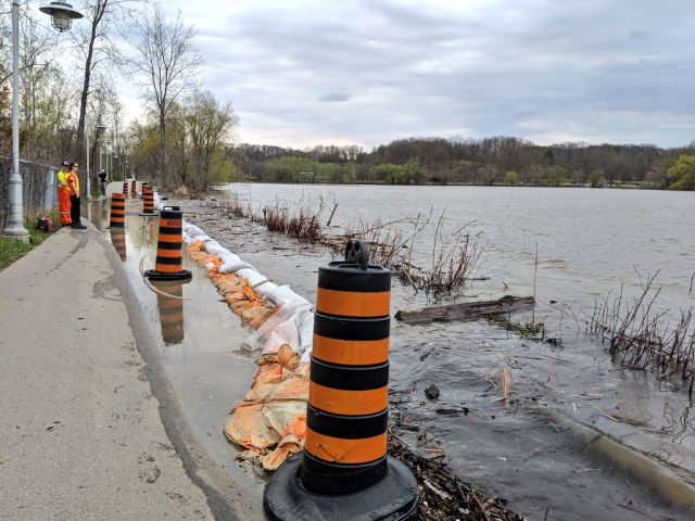 Sandbags have been placed along a section of Hamilton's waterfront trail as emergency preparedness week begins in Hamilton.
