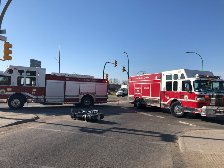 A man is believed to have suffered non-life-threatening injuries after his motorcycle overturned on 8th Street East on May 21, 2019, the Saskatoon Fire Department said.