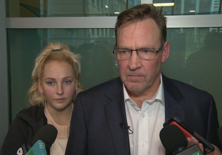 Sara Baillie’s uncle Scott Hamilton and his daughter Alex Hamilton speak outside court in Calgary on May 21, 2019.