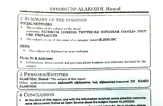 A page from the RCMP security screening of Hamid Alakozai showing social media accounts examined by investigators.