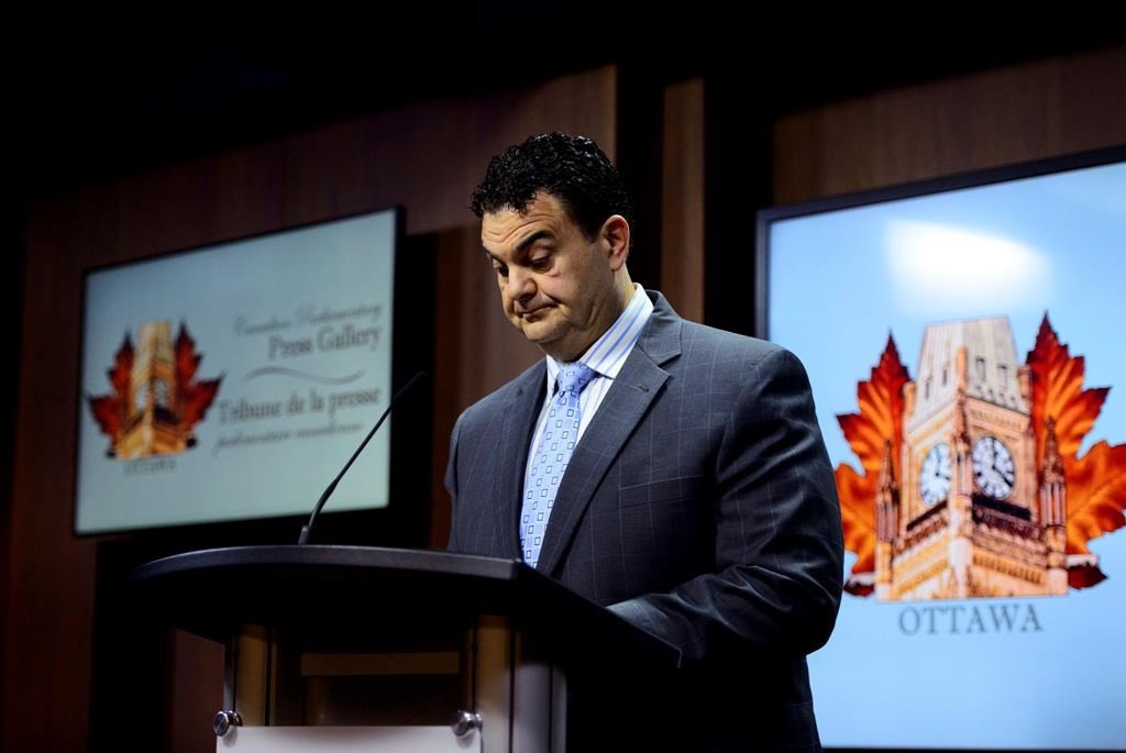 Dean Del Mastro, former member of Parliament for Peterborough, holds a press conference on Parliament Hill in Ottawa on Thursday, May 9, 2019.