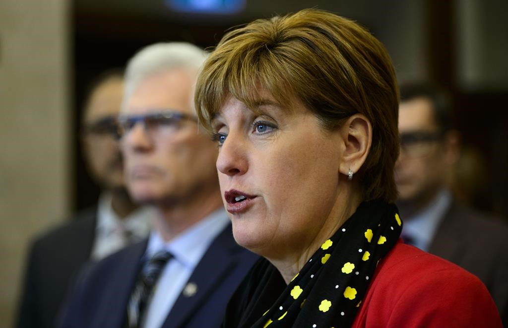 Marie-Claude Bibeau, Minister of Agriculture and Agri-Food, and Jim Carr, Minister of International Trade Diversification, provide an update on the government's response to the canola trade dispute with China during a press conference on Parliament Hill in Ottawa on Wednesday, May 1, 2019.
