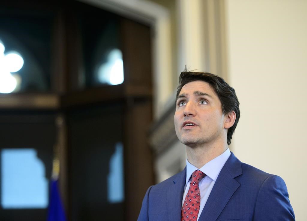 Prime Minister Justin Trudeau looks on as he meets with Alberta Premier Jason Kenney in his office on Parliament Hill in Ottawa on Thursday, May 2, 2019.