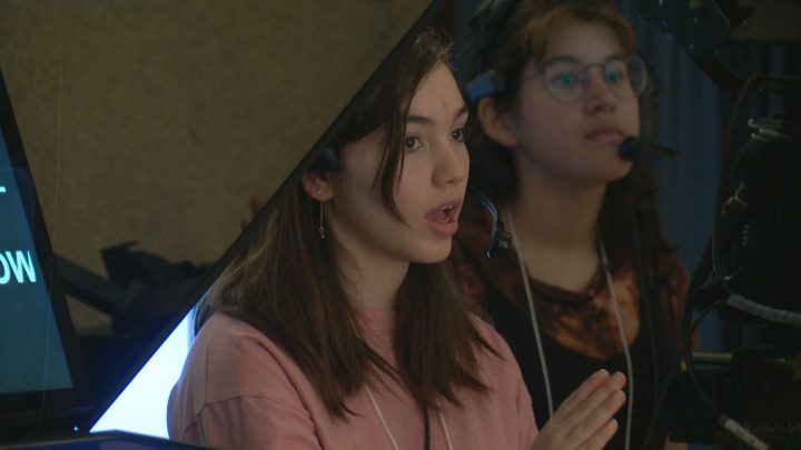 Grade 9 girls put together a newscast at SAIT on Wednesday as part of the Explore STEM program.