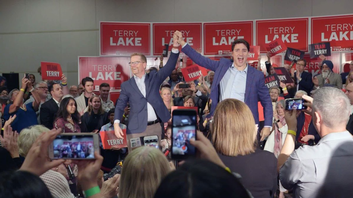 Prime Minister Justin Trudeau and former B.C. health minister Terry Lake in Kamloops on Tuesday.