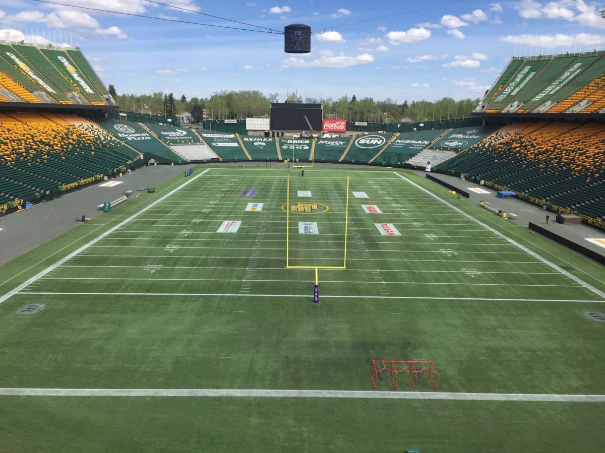 Blue skies hover over The Brick Field at Commonwealth Stadium on May 22, 2019.