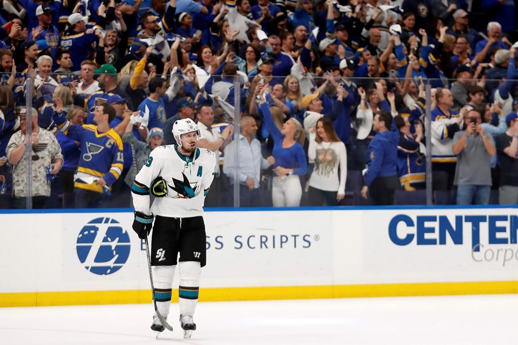 San Jose Sharks centre Logan Couture skates off the ice after the St. Louis Blues won Game 4 of the NHL hockey Stanley Cup Western Conference final series Friday, May 17, 2019, in St. Louis.