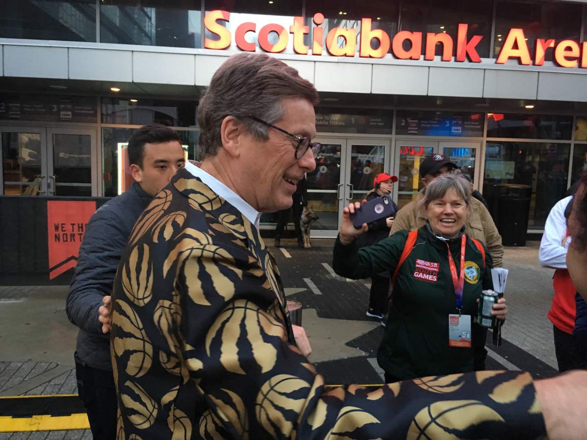 Mayor John Tory wearing a Raptors jacket ahead of Game 1 against the Milwaukee Bucks.