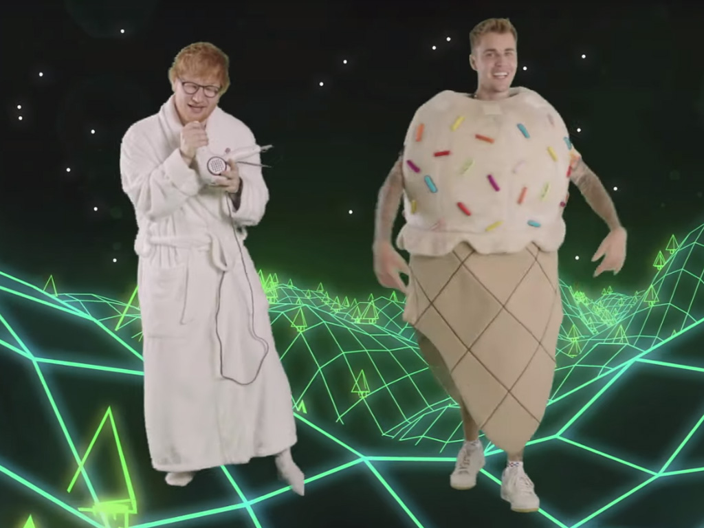 (L-R) Ed Sheeran and Justin Bieber in the music video for ‘I Don’t Care,’ released on May 16, 2019.