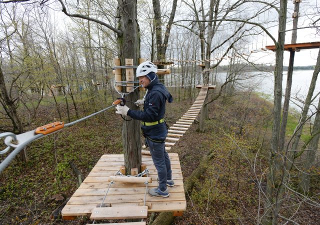 Global News Radio CHML's Ken Mann checks out the aerial courses at Treetop Trekking Hamilton during a media day. The attraction is open to the public this weekend.