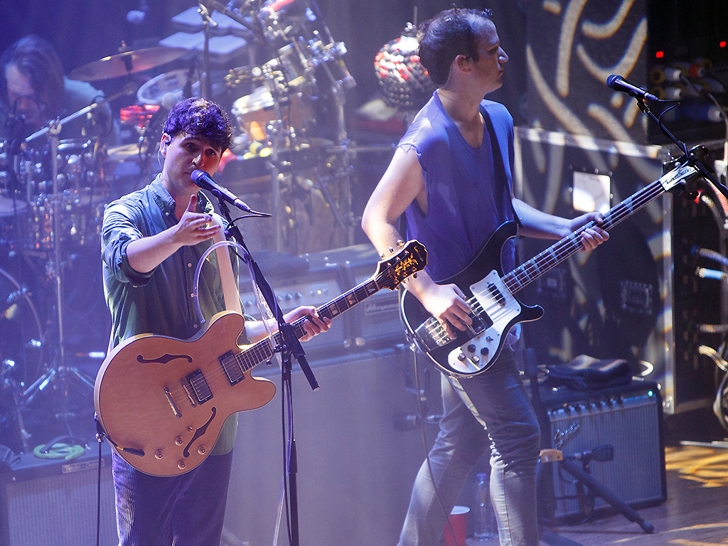 Ezra Koenig and Chris Baio of Vampire Weekend perform onstage at Islington Assembly Hall on March 22, 2019, in London, England.