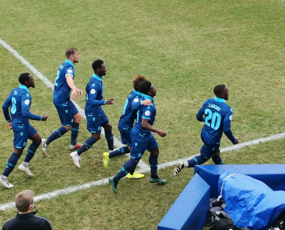 The HFX Wanderers celebrate after Akeem Garcia scored the first goal in the club's history on Saturday, May 4, 2019. 