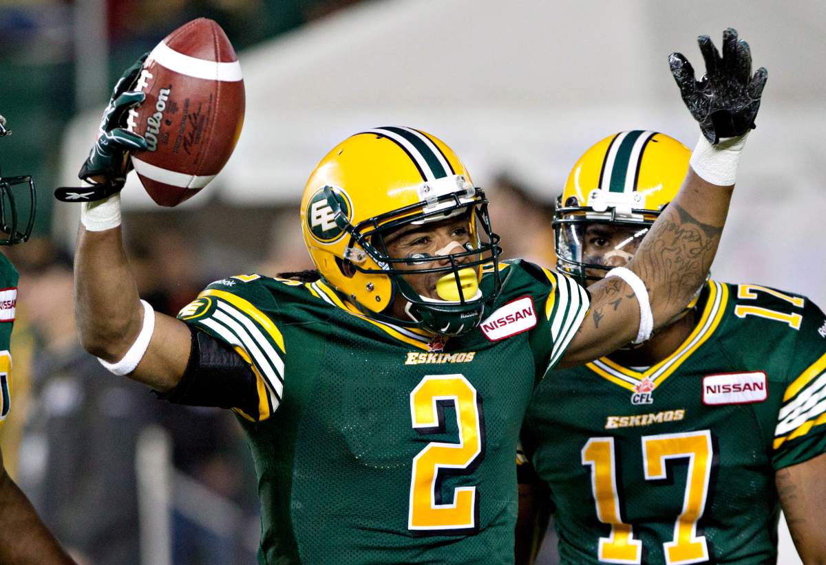 Edmonton Eskimos’ Fred Stamps (2) celebrates a touchdown against the Toronto Argonauts during first half action in Edmonton, Alta., on Saturday September 28, 2013.