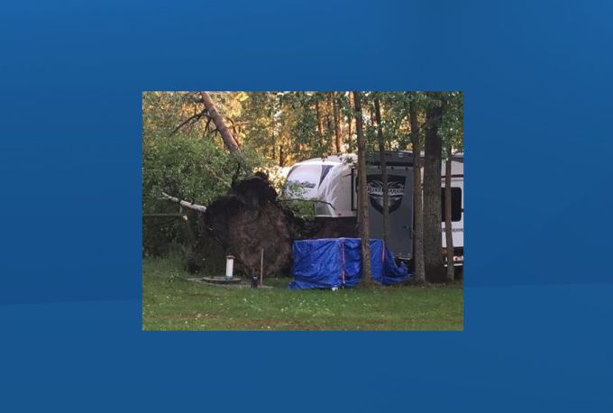 Storm damage at Fawcett Lake Resort, east of Slave Lake, Alta., on June 16, 2019.