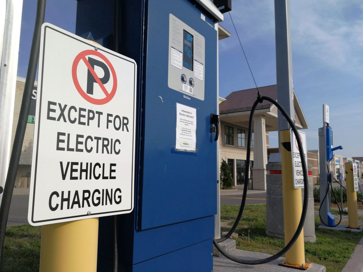 An electric car charging station is shown at Lansdowne Mall in Peterborough, Ont., in a  June 17, 2018, file photo.