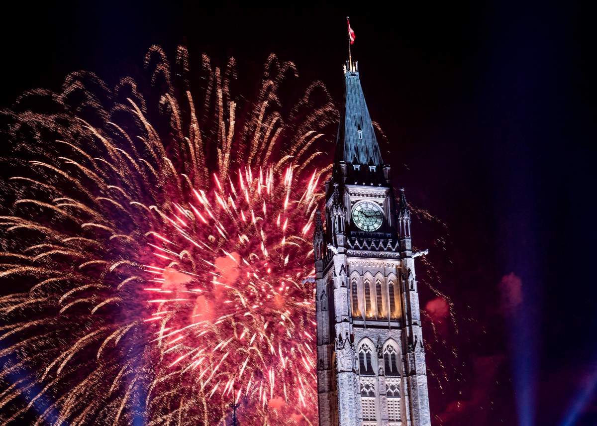 Fireworks explode over the Peace Tower on Parliament Hill at the end of Canada Day celebrations in Ottawa on Sunday, July 1, 2018.