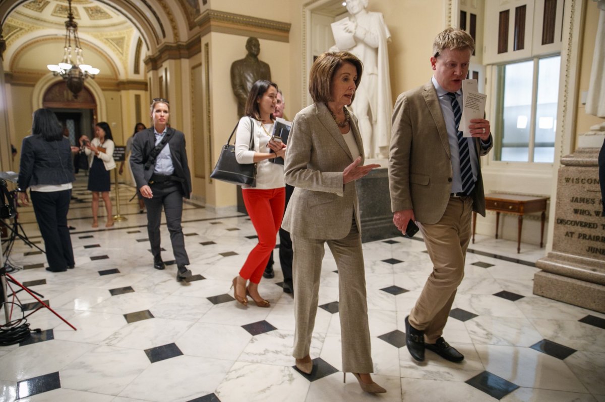House Speaker Nancy Pelosi of Calif., second from right, leaves the House chamber, Monday June 3, 2019, on Capitol Hill in Washington, after the House voted to approve a $19 billion disaster aid bill.