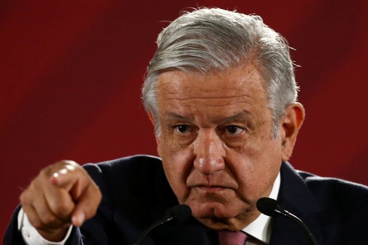Mexico's President Andres Manuel Lopez Obrador gestures during a news conference at the National Palace in Mexico City, Mexico, April 15, 2019. 