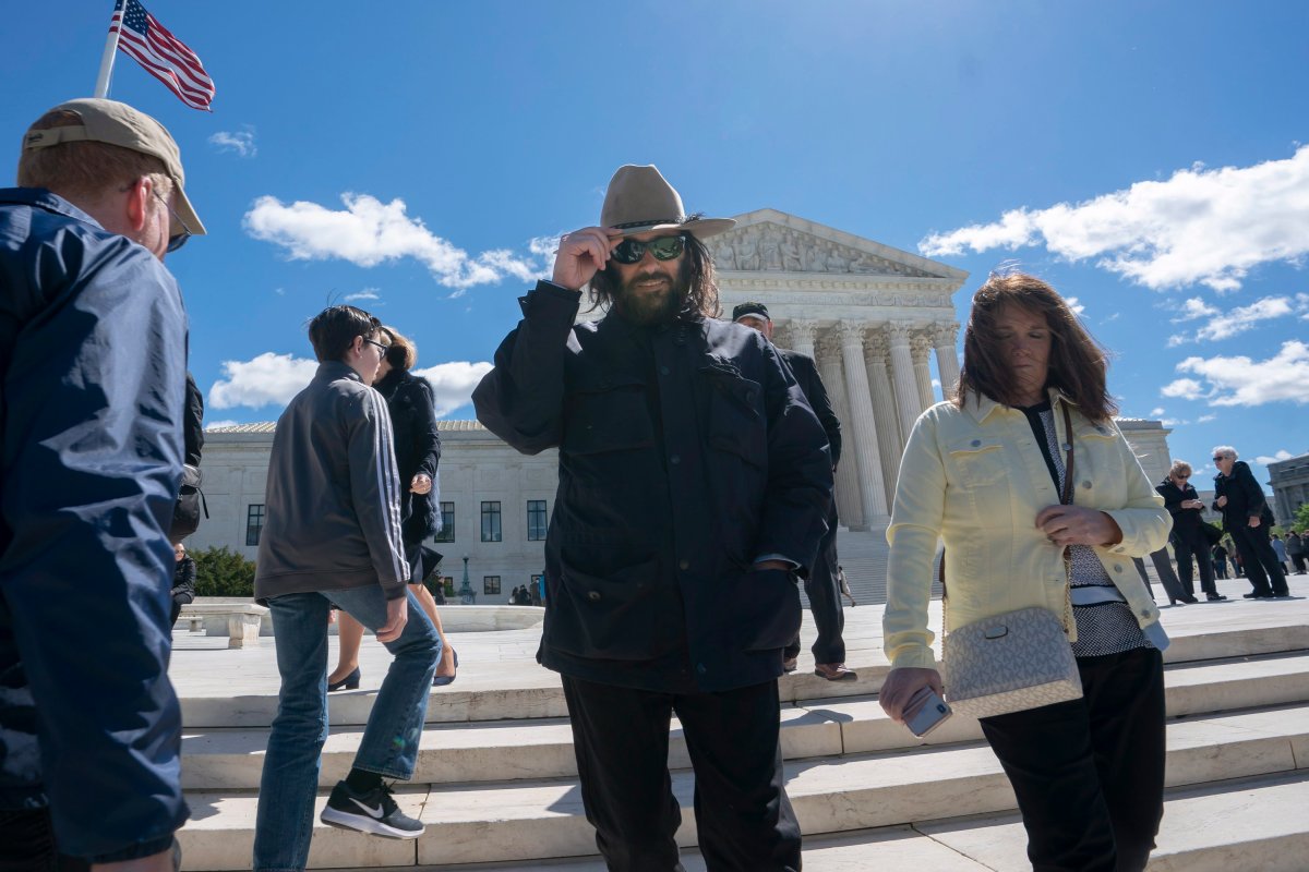 Los Angeles artist Erik Brunetti, the founder of the streetwear clothing company "FUCT," leaves the Supreme Court after his trademark case was argued, in Washington, Monday, April 15, 2019.  