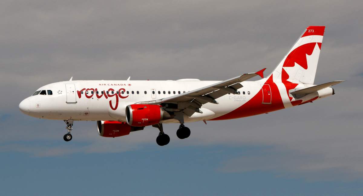 An Airbus A319 (A319-100) jetliner, belonging to Air Canada low-cost carrier Rouge, lands at McCarran International Airport in Las Vegas, Nv., on Wed., Feb. 27, 2019.