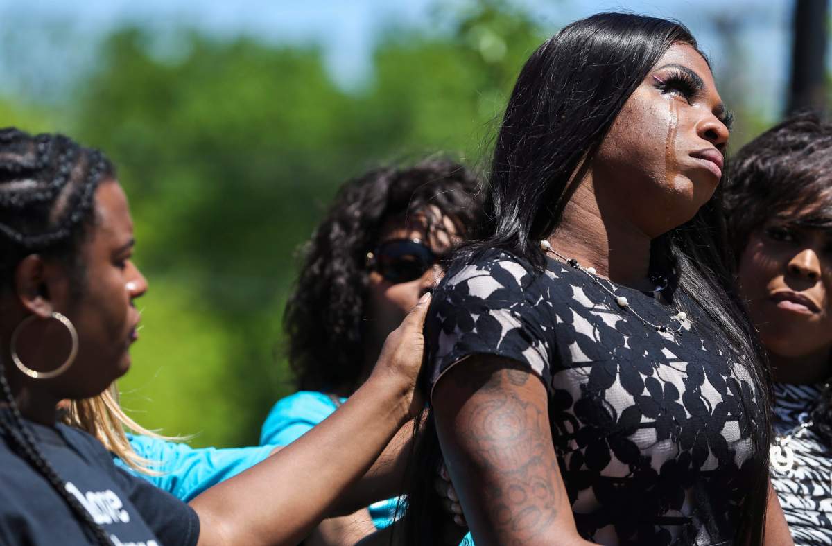 Muhlaysia Booker speaks during a rally in Dallas on April 20. Booker, a transgender woman, was found dead on May 18 in Dallas. (Ryan Michalesko/The Dallas Morning News via AP)