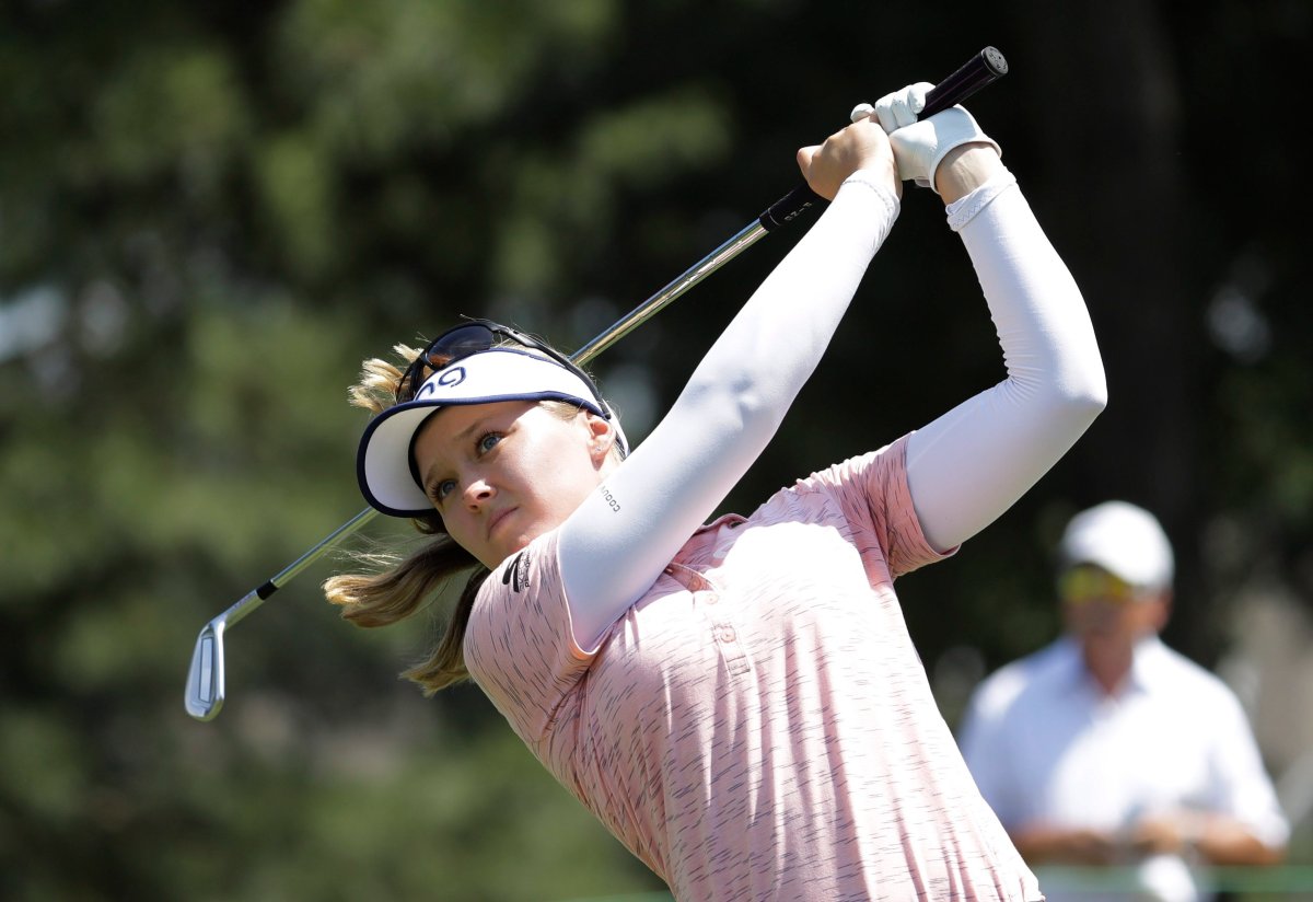 Brooke Henderson watches his tee shot on the second hole during the final round of the Pure Silk Championship golf tournament at Kingsmill Resort, in Williamsburg, Va., Sunday, May 26, 2019.
