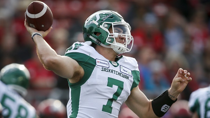 Saskatchewan Roughriders quarterback Cody Fajardo throws the ball during CFL pre-season football action against the Calgary Stampeders in Calgary May 31, 2019.