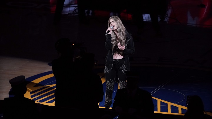 Tenille Arts performs the national anthem of Canada before Game 3 of basketball's NBA Finals between the Golden State Warriors and the Toronto Raptors in Oakland, Calif. on June 5, 2019.