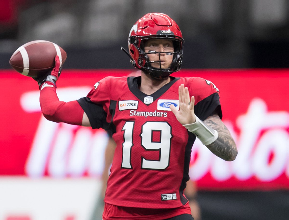 Calgary Stampeders quarterback Bo Levi Mitchell passes against the B.C. Lions during the first half of a pre-season CFL football game in Vancouver on Friday June 7, 2019. 