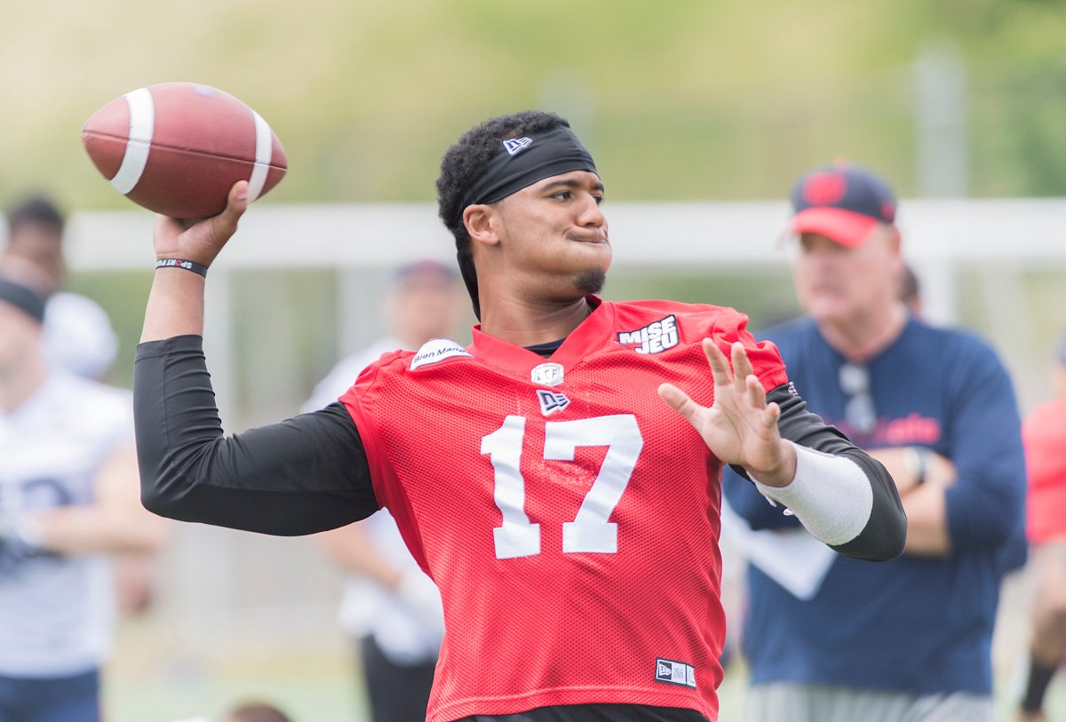 Montreal Alouettes quarterback Antonio Pipkin throws a pass during practice in Montreal, Monday, June 10, 2019. 