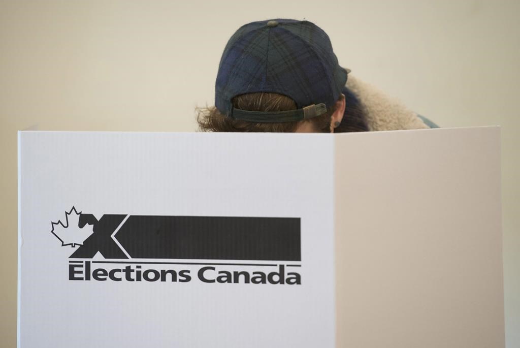 A woman marks her ballot behind a privacy barrier in the riding of Vaudreuil-Soulanges, west of Montreal, on October 19, 2015.
