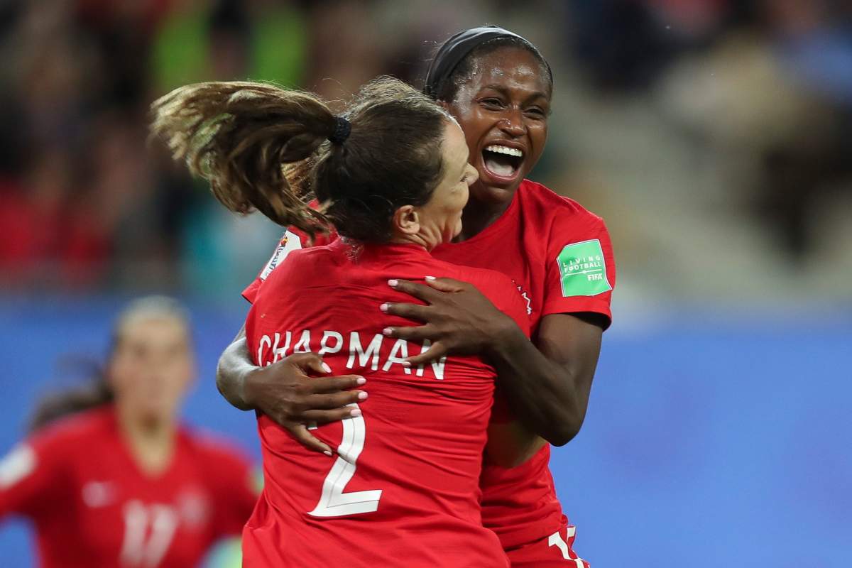 Canada's Nichelle Prince, right, celebrates with Canada's Allysha Chapman after scoring her side's second goal during the Women's World Cup Group E soccer match between Canada and New Zealand in Grenoble, France, Saturday, June 15, 2019. ().