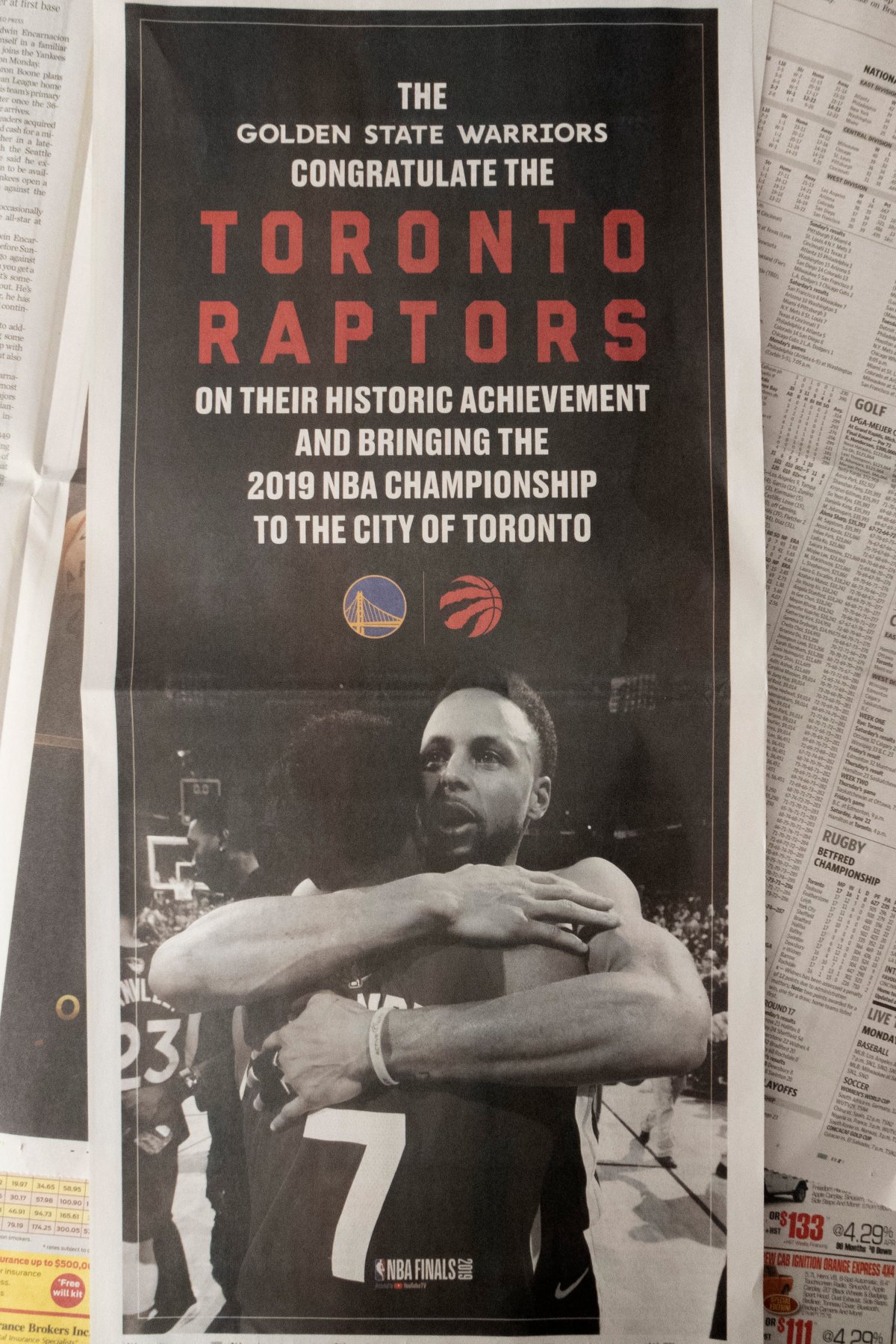 Warriors take out full page ad in Toronto newspaper congratulating Raptors  - National | Globalnews.ca