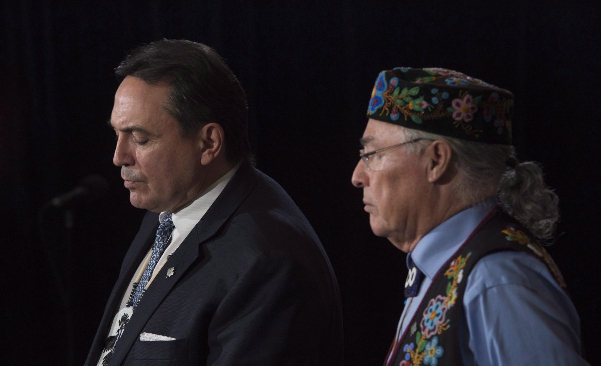 Ottawa has signed agreements with the Assembly of First Nations and the Metis National Council to explore ways First Nations can control the use of and benefit from the cultural knowledge of aboriginal communties. Assembly of First Nations Chief Perry Bellegarde and Metis National Council President Clement Chartier, right, listen to a question as they speak with the media in Ottawa, Friday, Dec. 9, 2016. 