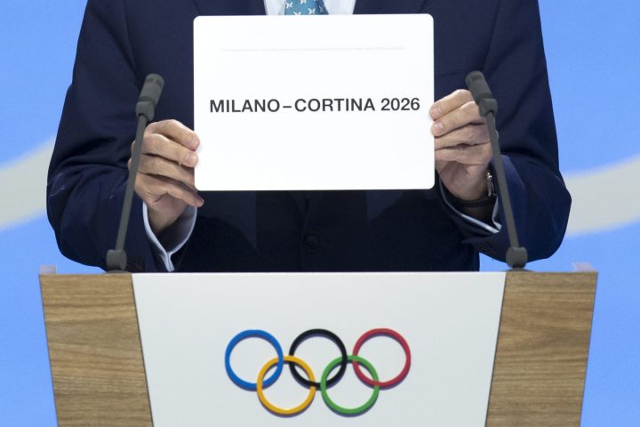 IOC president Thomas Bach announcing Milan – Cortina won the bid to host the 2026 Winter Olympic Games.