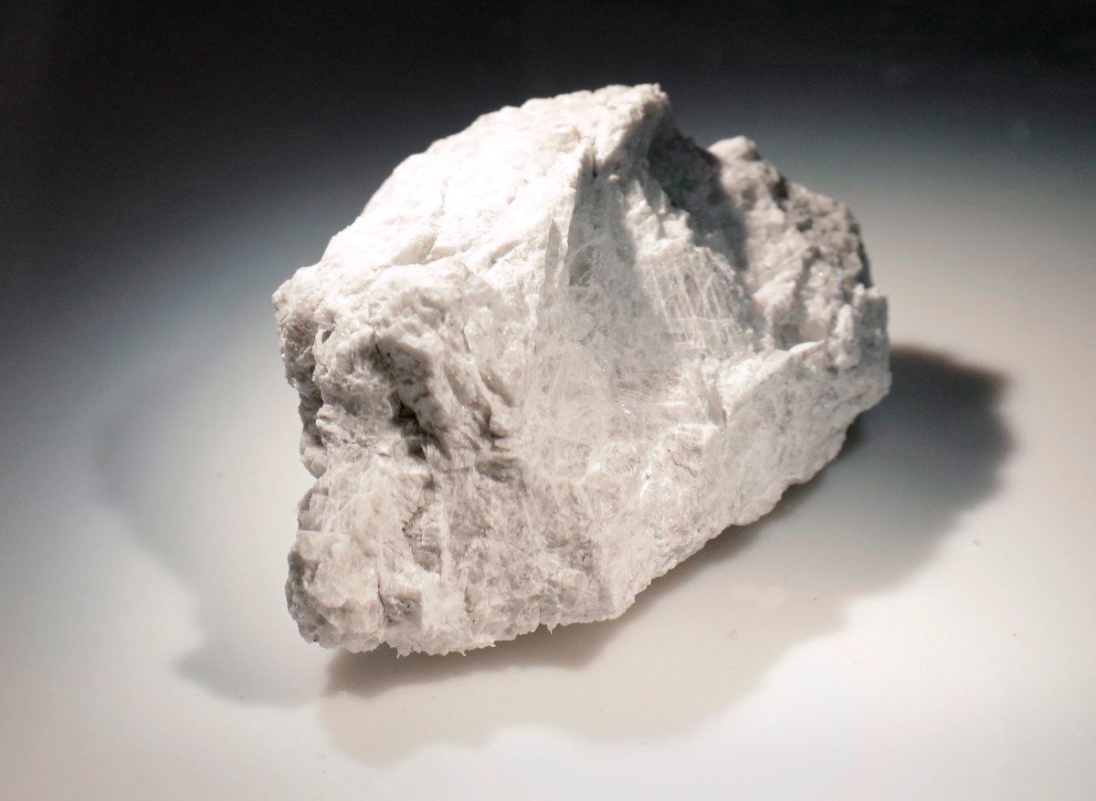 The "Genesis Rock," a 4.4 billion-year-old anorthosite sample approximately 2 inches in length, brought back by Apollo 15 and used to determine the moon was formed by a giant impact, is lit inside a pressurized nitrogen-filled examination case in the lunar lab at the NASA Johnson Space Center Monday, June 17, 2019, in Houston. 