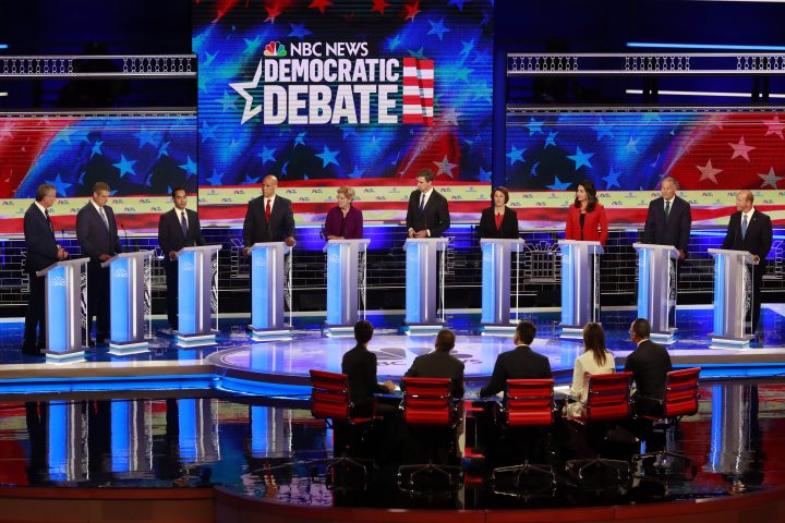 Democratic presidential candidate former Housing and Urban Development Secretary Julian Castro, third from left, answers a question, during a Democratic primary debate hosted by NBC News at the Adrienne Arsht Center for the Performing Art, Thursday, June 27, 2019, in Miami. 