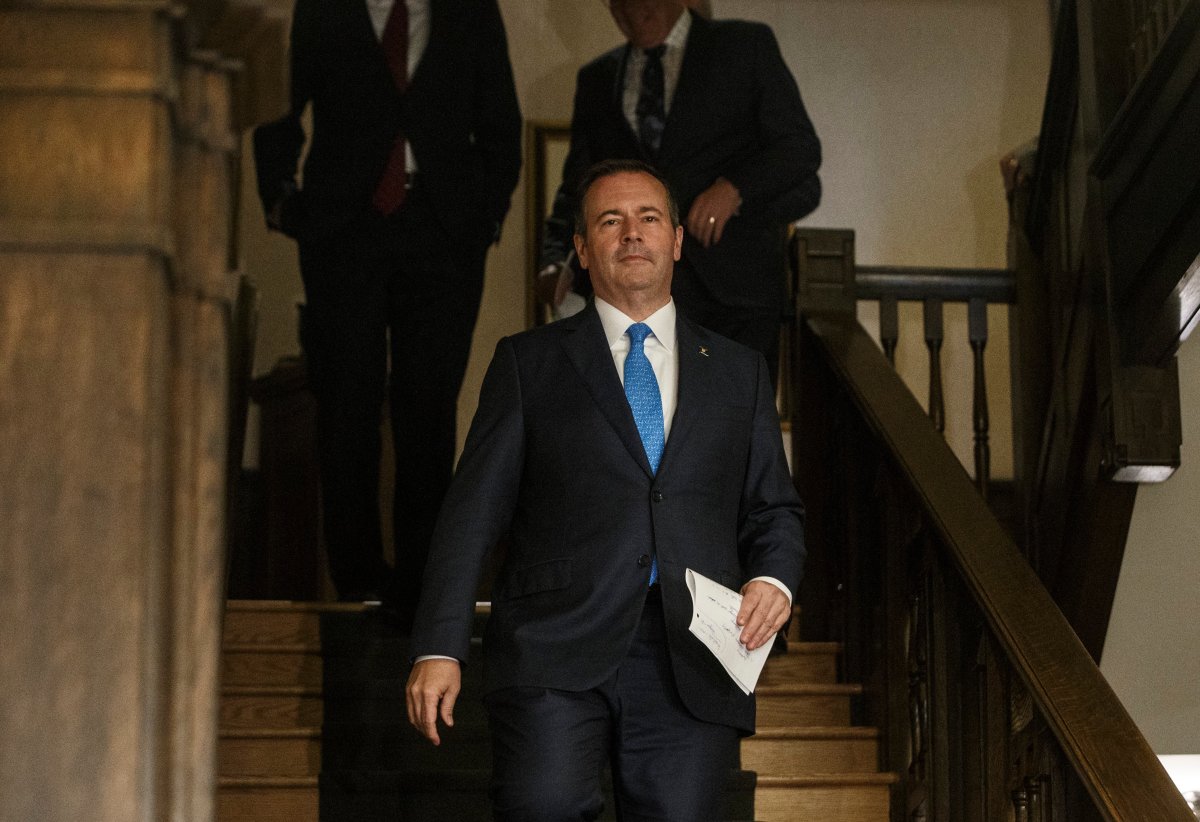 Premier of Alberta Jason Kenney makes his way to a press conference during the Western Premiers' conference, in Edmonton on Thursday, June 27, 2019. 