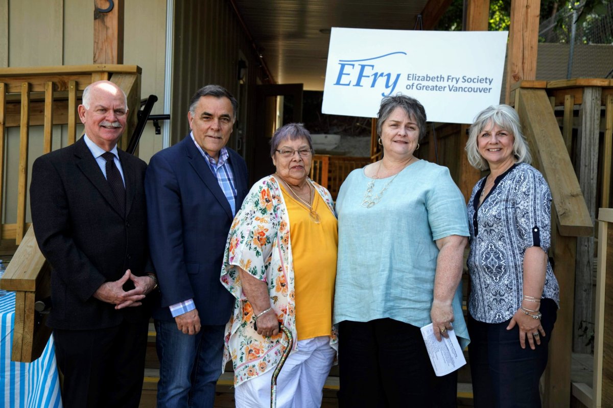 Surrey-Guildford MLA Gary Begg, Abbotsford South MLA Darryl Plecas, Elizabeth Fry Society executive director Shawn Bayes and Abbotsford city councillor Brenda Falk announce the opening of the Legacy Manor modular housing facility for vulnerable women in Abbotsford on Thursday, June 13, 2019.