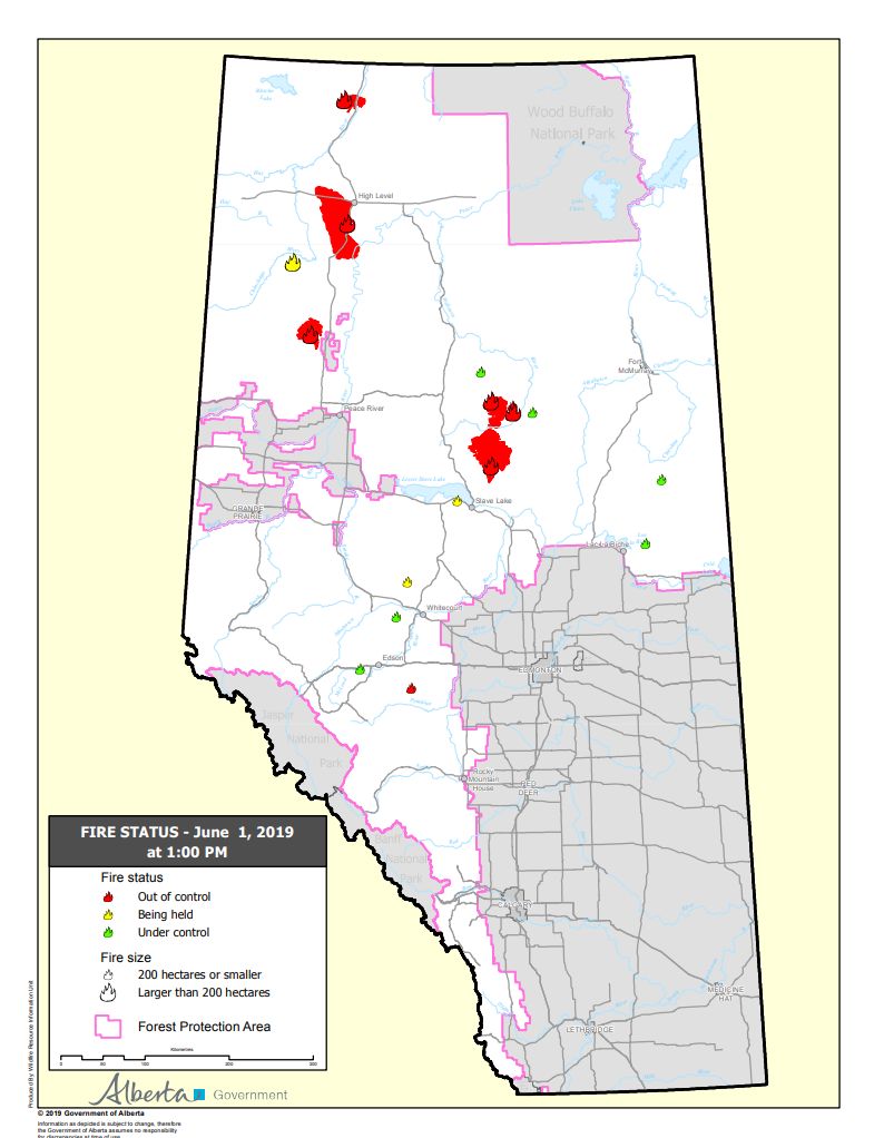 The wildfire status map in Alberta as of 1 p.m. Saturday, June 1, 2019.