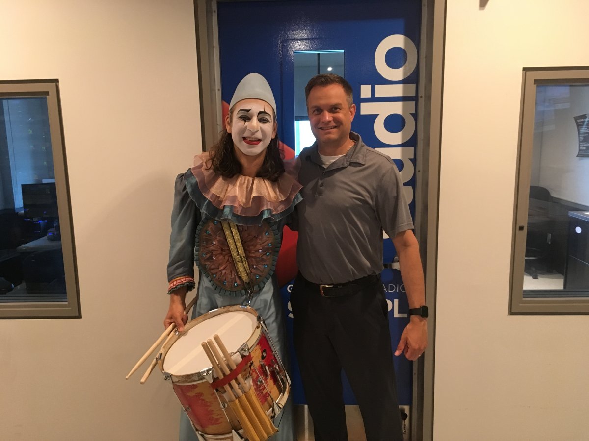 Alex Reis, left, poses with Global News Radio 980 CFPL's Mike Stubbs. Reis will be performing as a drummer in Cirque du Soleil's Corteo.
