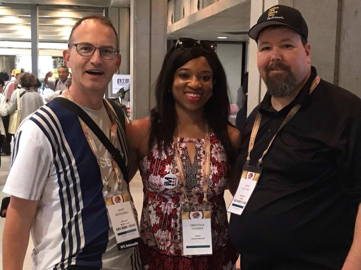 Andy McDowell, a person with Parkinson’s from Auckland, New Zealand, and Omotola Thomas, a person with Parkinson’s from the United Kingdom, join Larry Gifford on 'When Life Gives You Parkinson's' at the World Parkinson's Congress in Kyoto, Japan.