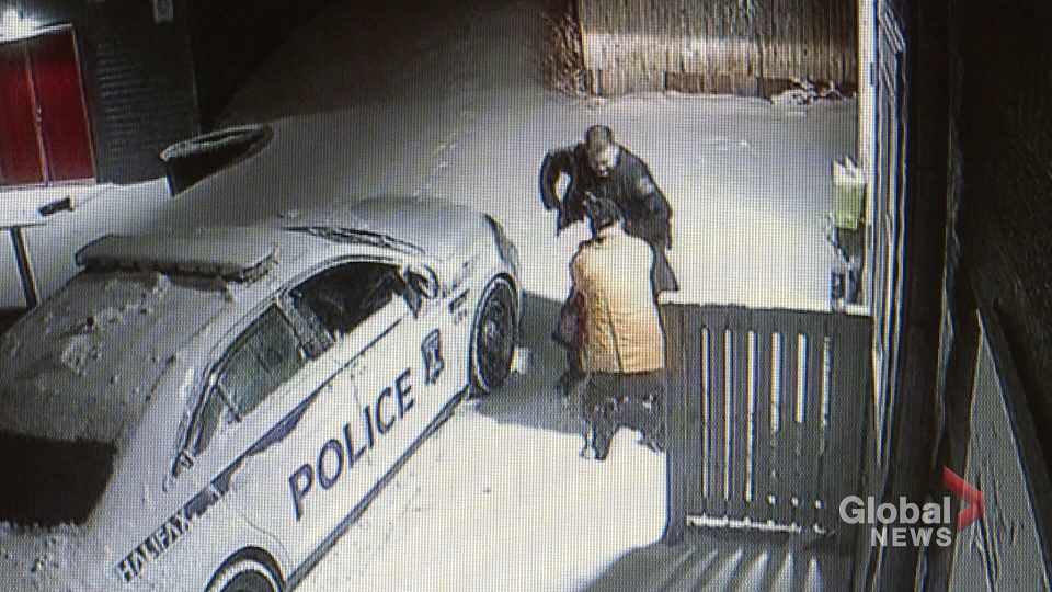A still from the security camera at the Metro Turning Point shelter in Halifax, N.S. Halifax police Const. Laurence Gary Basso is seen striking Patrice Simard.